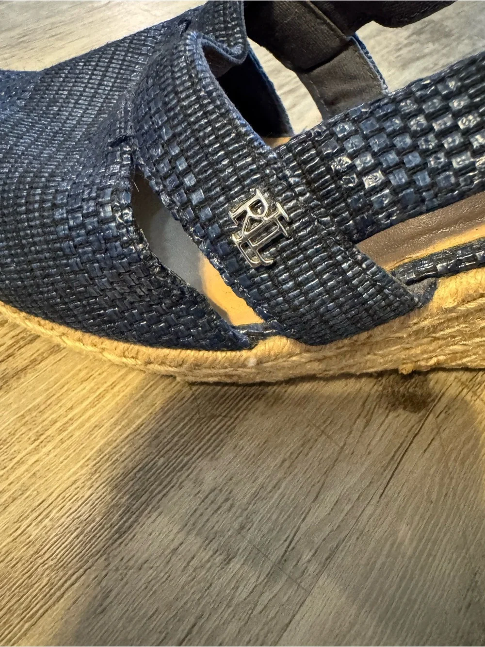 Ralph Lauren Penelope Navy Woven Slingback Espadrille Wedge Sandals Jute Toe 10